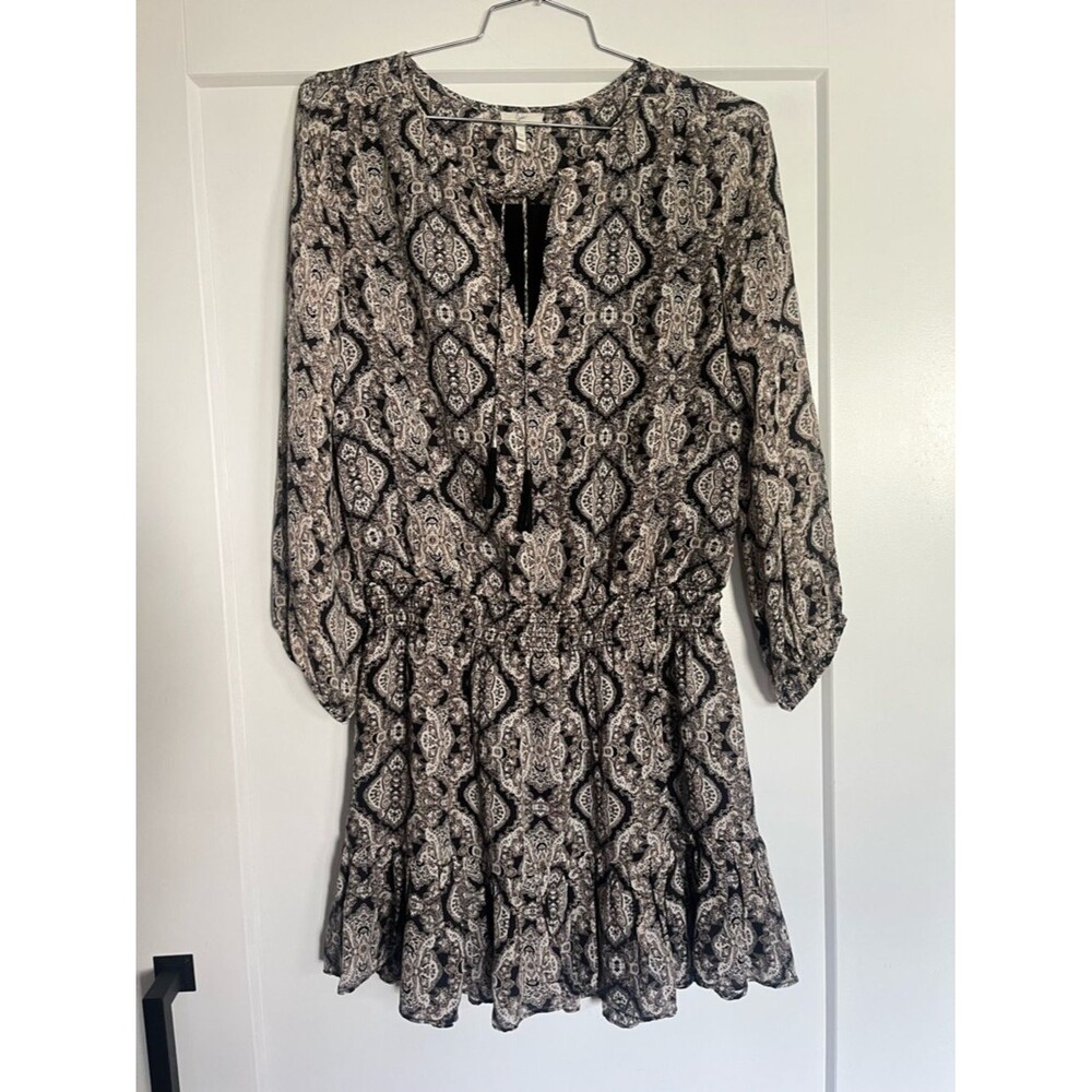 Joie 100% Silk "Calla" Black & Cream Paisley Mini Dress - Size M